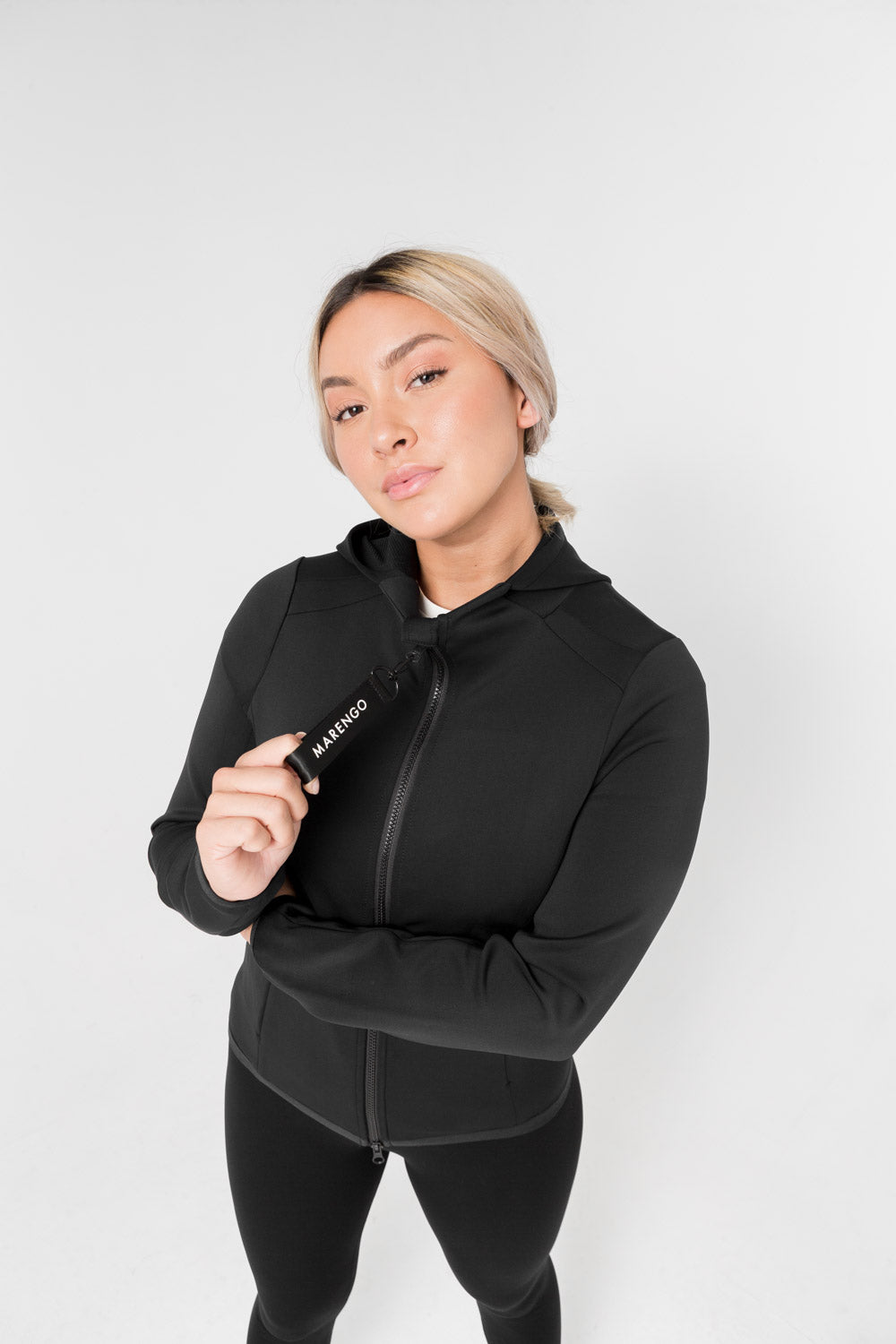 Black hybrid jacket fornt pose