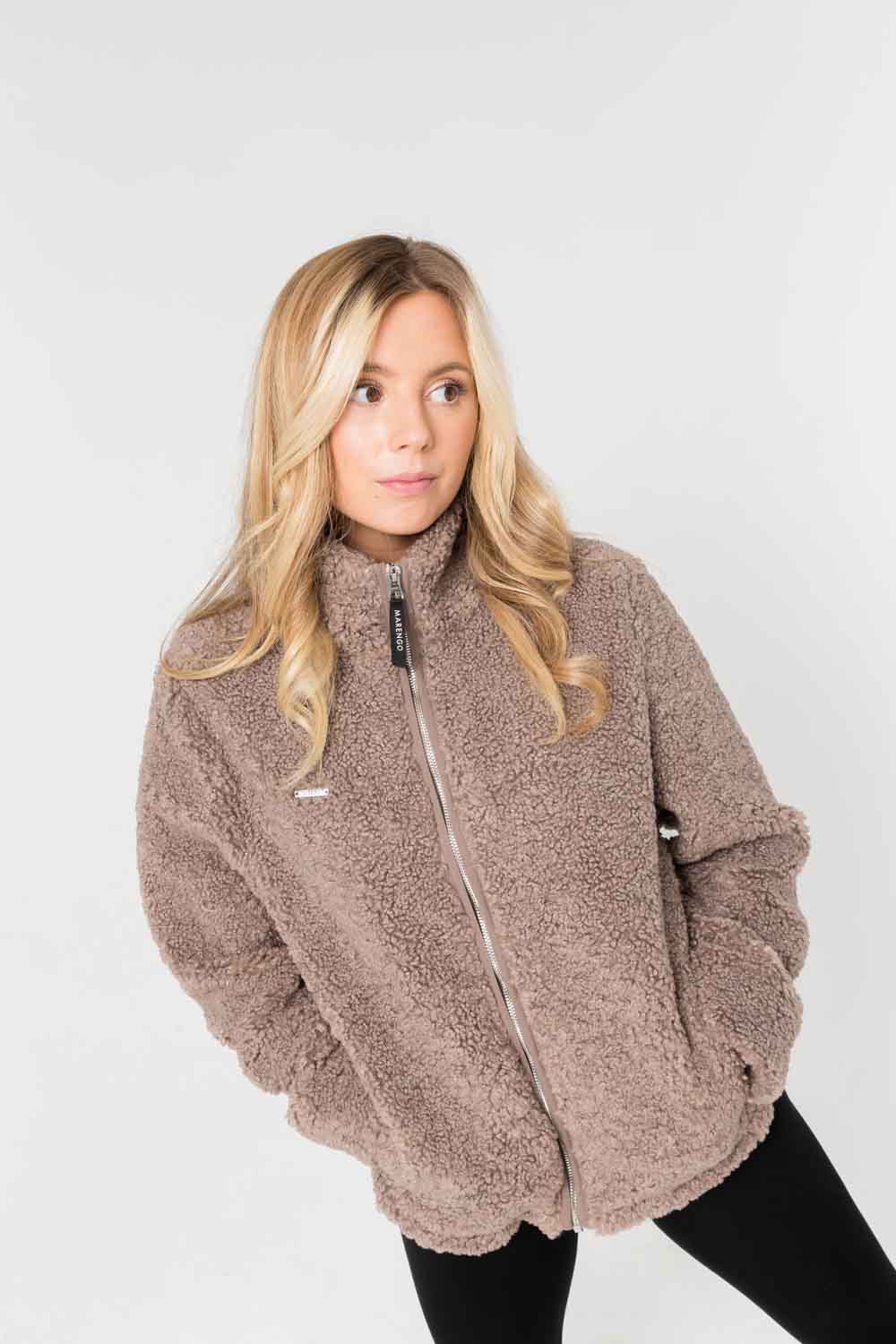 Brown pile jacket front model pose