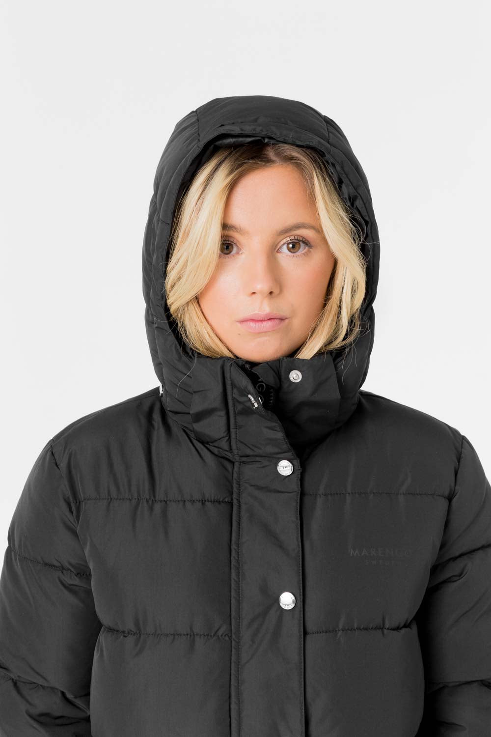 Black padded jacket front with hood