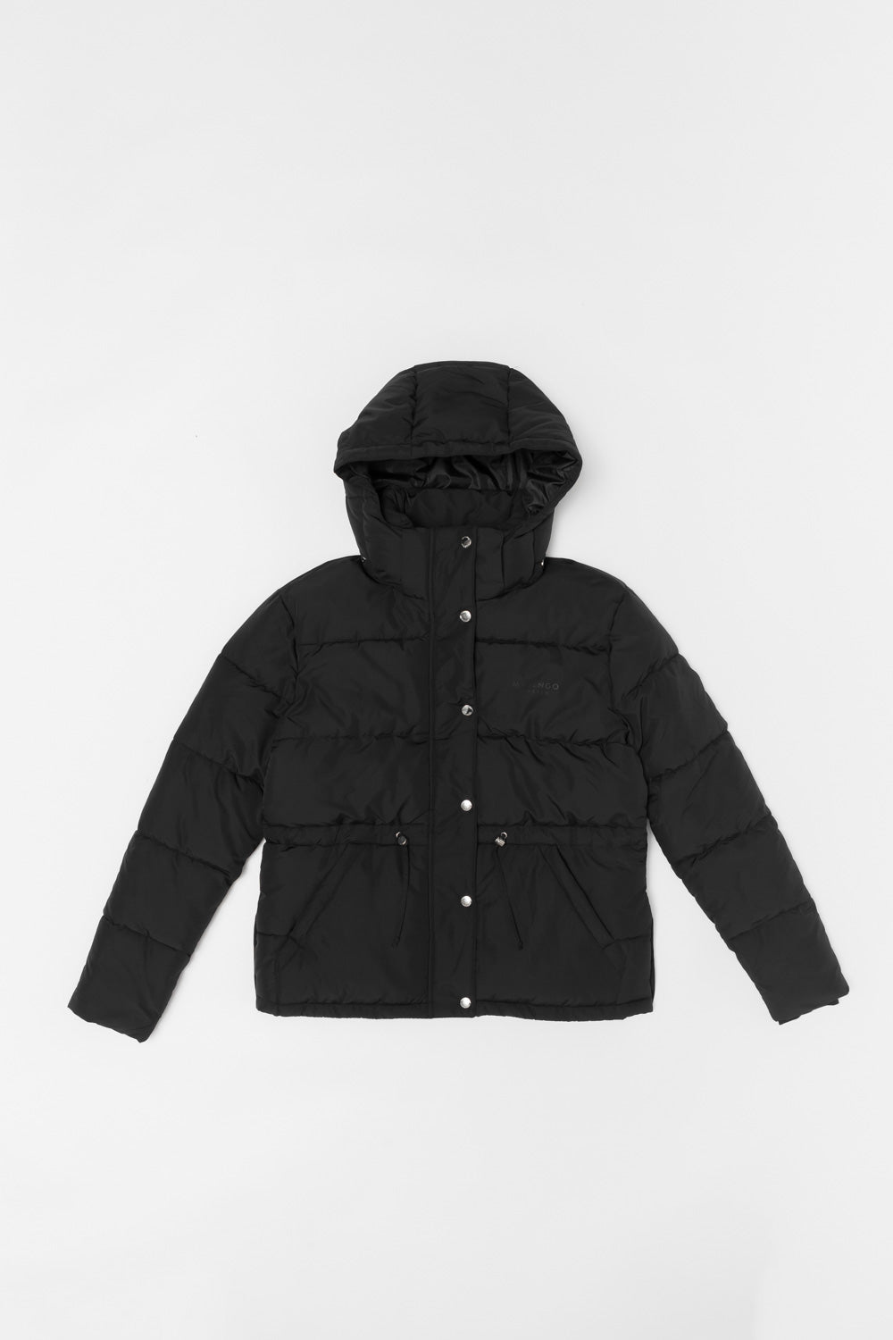 Black padded jacket with white background